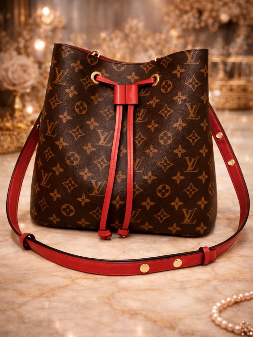 Fashion Designer Bag Monogram Canvas Bucket Bag with Red Trim